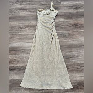 Cache Gold Shimmer One-Shoulder Jeweled Evening Dress Size 4